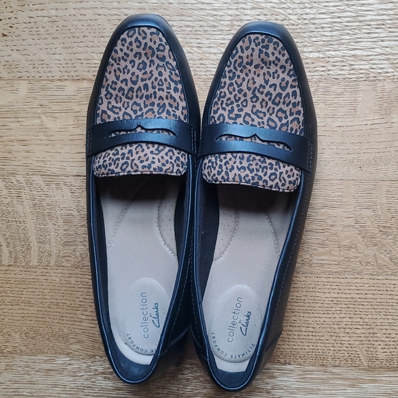 Clarks Shoes - Clarks Black with Animal Print Loafers Flats Size 9